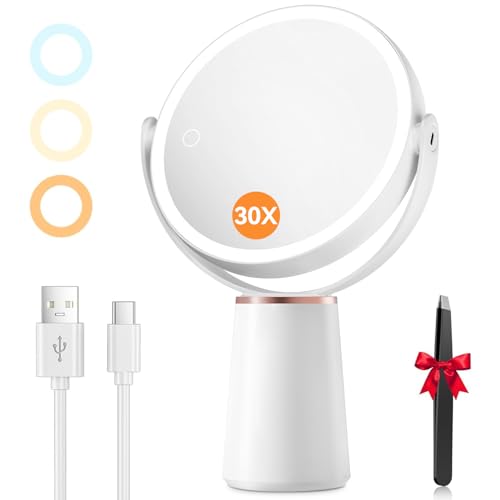 Auxmir 30X/1X Makeup Mirror with Lights, Double Sided Magnifying Mirror with 3-Color Stepless Dimmable Lighting, 360° Rotating 2000mAh Rechargeable Mirror, Table-Top Vanity Mirror for Women
