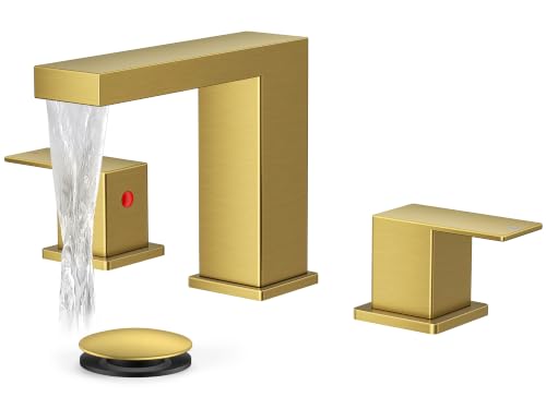 FORIOUS 8" Brushed Gold Bathroom Faucet 3 Hole, Gold Vanity Faucet 3 Holes | CUPC 8 Inch Waterfall Bathroom Faucet Gold,3 Hole Bathroom Sink Faucet Widespread Set for Restroom, Lavatory, Hospitality - color: Brushed Gold, style: Transitional