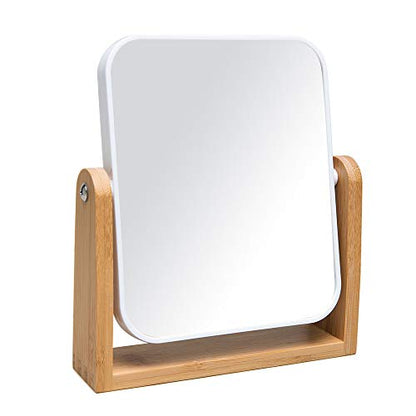 YEAKE Vanity Makeup Mirror with Natural Bamboo Stand, 8 Inch Double Sided 360 Degree Swivel Magnifying Mirror for Table, Desk, Countertop Shaving Make Up - color: White-rectangle (1x,2x)