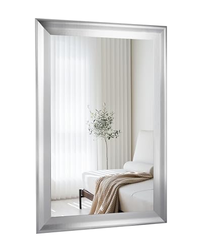 CULER Silver Wall Mirror for Bathroom,Rectangle Rustic 24 x 36 inch Hanging Vanity Mirrors with Wood Grain Pattern for Living Room,Bedroom,Entryway - color: Brushed Silver, size: 36"L x 24"W