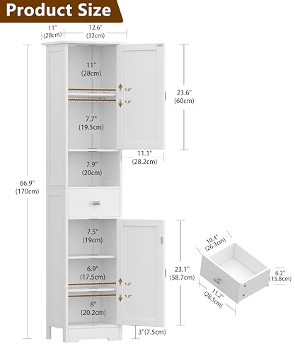 Akxomel 67" H Narrow Tall Bathroom Cabinet with 2 Doors and Storage Drawer | Floor Cabinet with Adjustable Shelves, Anti-Tip Design, 11.0 x 12.6 x 66.9 Inches, for Bathroom, Kitchen，Entryway, White