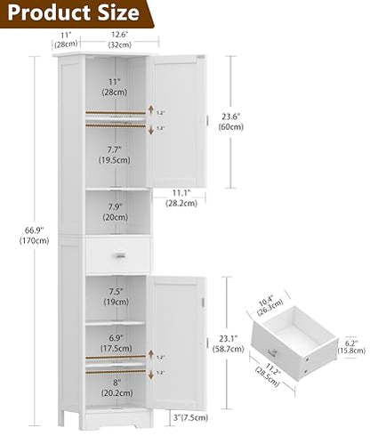 Akxomel 67" H Narrow Tall Bathroom Cabinet with 2 Doors and Storage Drawer | Floor Cabinet with Adjustable Shelves, Anti-Tip Design, 11.0 x 12.6 x 66.9 Inches, for Bathroom, Kitchen，Entryway, White