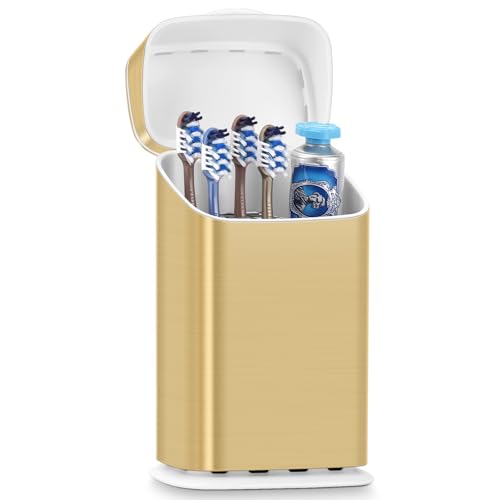 GFWARE Gold Bathroom Toothbrush Holder with Cover, Ventilated & Drainage | Detachable 5 Slots Bathroom Organizer for Toothbrush and Toothpaste, Waterproof & Dustproof, Fits Toothbrushes Under 7.5 In - color: Gold, size: Regular Toothbrush Length Less Than