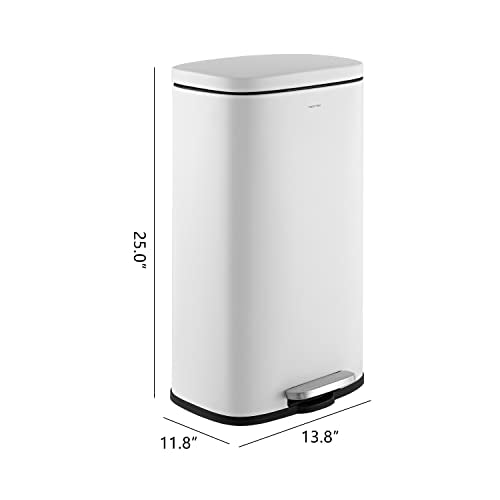 happimess Curtis 8 Gal Step Trash Can Soft Close 25", Cotton White | Stainless Steel, Fingerprint Resistant Satin Finish, Removable Liner, Steel Pedal, 20 Trash Bags Included, Kitchen Bin - color: White