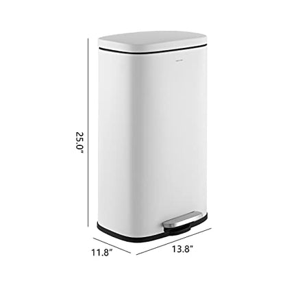 happimess Curtis 8 Gal Step Trash Can Soft Close 25", Cotton White | Stainless Steel, Fingerprint Resistant Satin Finish, Removable Liner, Steel Pedal, 20 Trash Bags Included, Kitchen Bin - color: White