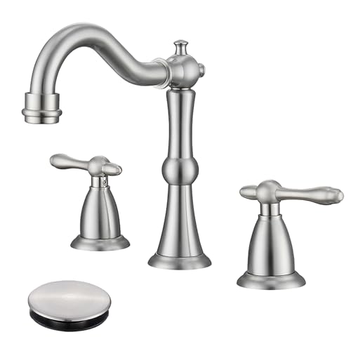 Brushed Nickel 3 Hole Bathroom Faucet, Widespread Antique Bathroom Sink Faucet with Pop Up Drain and cUPC Supply Hose, Modern 2 Handle Modern Brushed Sink Faucet Bathroom JXM3073BN - color: Brushed Nickel