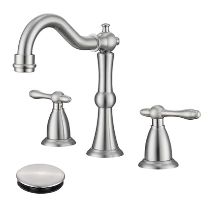 Brushed Nickel 3 Hole Bathroom Faucet, Widespread Antique Bathroom Sink Faucet with Pop Up Drain and cUPC Supply Hose, Modern 2 Handle Modern Brushed Sink Faucet Bathroom JXM3073BN - color: Brushed Nickel