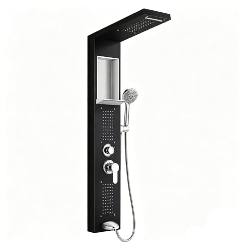 Shower Panel System, Multi-Function Shower Tower With 4 Body Spray, 5 Handheld Settings, Shelf & Adjustable Height, Rainfall + Waterfall Shower Head