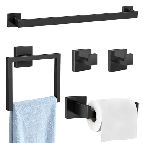 Gypie 5-Piece Bathroom Accessories Set, 24-in Towel Racks Wall Mounted Stainless Steel, Towel Hardware Set Matte Black - color: Black 5 Piece, size: 24 Inch
