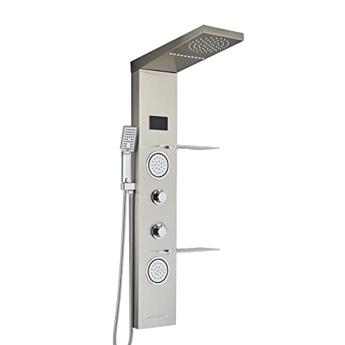 Brushed Multi Rain Shower Panel Tower - Wall-Mount Complete Shower Column with Body Jets & Shower Shelf for Luxurious Spa Experience