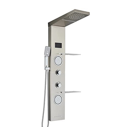 Brushed Multi Rain Shower Panel Tower - Wall-Mount Complete Shower Column with Body Jets & Shower Shelf for Luxurious Spa Experience