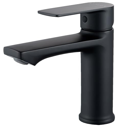 BELZ Black Bathroom Faucet, Lead-Free Single Hole Sink Faucet for Vanity | NSF372 Certified, Anti-peeling PVD Black Finish, Water-saving & Anti-splash, Single Handle Modern Design with Hot/Cold Hoses - color: Matte Black