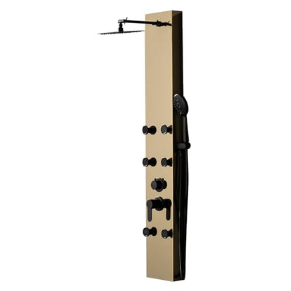 Gold Shower Panel Shower Tower System Adjustable Shower Head Round,Stainless Steel with 6 Body Jets Massage, 3 IN 1 Bathroom Shower Wall Mount, Brushed Gold and Black - color: Gold with Black
