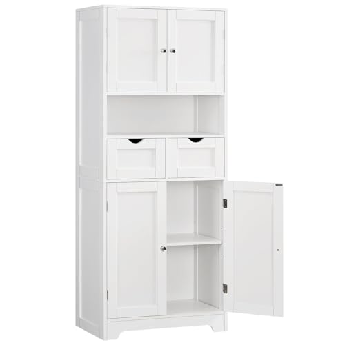 Iwell Tall Storage Cabinet with Adjustable Shelf & 2 Drawers, Kitchen Pantry Cabinet, Pantry Cabinets with 4 Doors, Tall Cabinets for Living Room, Kitchen, Bathroom, White - color: White-4 Shelves
