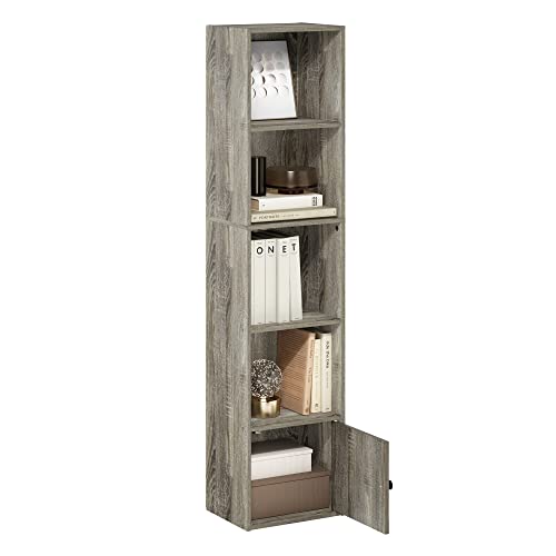 Furinno LUDER Book Shelf, 5-Tier Modern Bookshelf, Bookcase with 1 Door Storage Cabinet, 9.3 x 12 x 52, for Organization and Storage, for Living Room, Bedroom, Home Office, French Oak - color: French Oak, size: 5-Cube with Cabinet