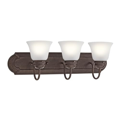 Kichler 3-Light Bathroom Vanity Light Fixture with Satin Etched Glass in Tannery Bronze, Traditional Wall Light for Bathroom Above Mirror (24" x 8" x 8"), 5337TZS - color: Tannery Bronze, size: 24"