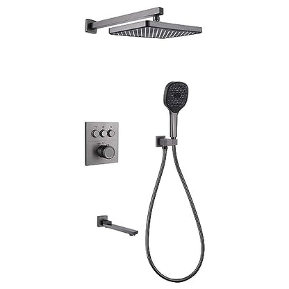 Thermostatic Shower Set, 30x20cm Square Shower System Concealed, Wall-mounted Shower Faucet Set, 3 Mode Hand Shower, with 180° Foldable Bathtub Mixer, Brass Body, Anti-rust, Durable (Gun Gray)