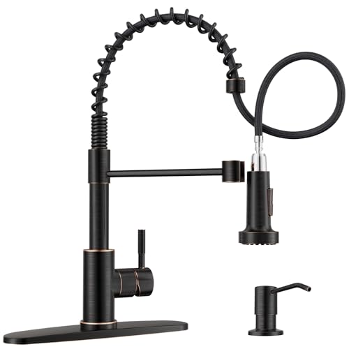 APPASO Spring Kitchen Faucet with Soap Dispenser Oil Rubbed Bronze | NSF/ANSI/CAN 372 & Lead-free, Pull Down Kitchen Sink Faucet, SUS304 Stainless Steel Single Handle High Arc Faucet - color: Bronze