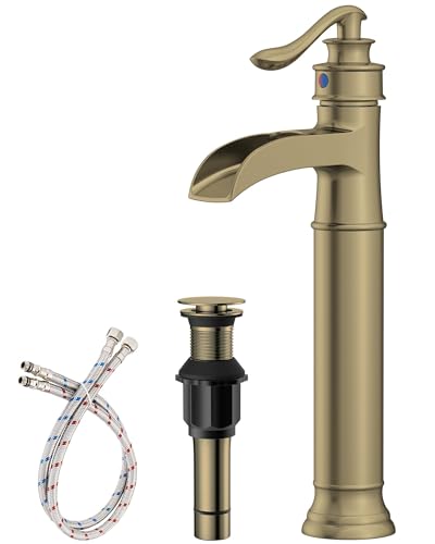 Homevacious Vessel Sink Faucet Brushed Gold Waterfall Tall Bathroom Faucet | Single Handle 1 Hole Bowl Sink Faucet with Pop Up Drain Assembly and Water Supply Hose Commercial Lavatory Mixer Tap - color: Brushed Gold