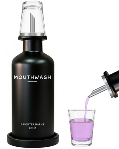 Black Glass Mouthwash Dispenser for Bathroom by Brighter Barns - Mouth Wash Dispensers for Bathroom Sink- Refillable Mouthwash Container - Modern Bathroom Decor for Airbnb, Dental Office, Gift (Black) - color: Black