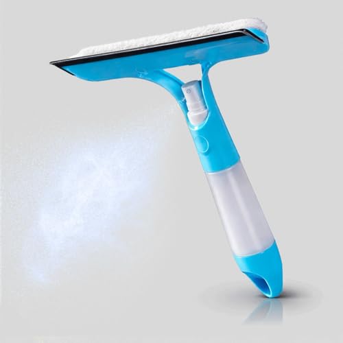 3-in-1 Window Squeegee with Spray Bottle, Handheld Glass Cleaning Tool with Microfiber Scrubber and Silicone Blade, Refillable Window Cleaner for Mirrors, Shower Doors, Tiles & Car Windows (Blue) - color: Blue