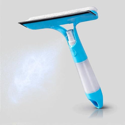 3-in-1 Window Squeegee with Spray Bottle, Handheld Glass Cleaning Tool with Microfiber Scrubber and Silicone Blade, Refillable Window Cleaner for Mirrors, Shower Doors, Tiles & Car Windows (Blue) - color: Blue