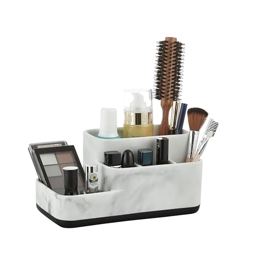 Toothbrush Holder Organizer - Multi-Functional Bathroom Storage for Makeup, Skincare, and Accessories - White Marble Look Countertop Organizer for Sink and Vanity Spaces - color: White Marble Look