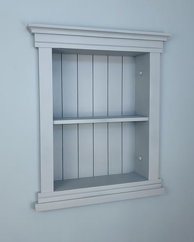14x18 Elliot Craftsman Recessed Wood Wall Niche, Open Medicine Cabinet Replacement, in Wall Bathroom Cabinet Insert Shelves, Made in North America, NO MDF, Beadboard, Light Gray - color: Light Gray Beadboard