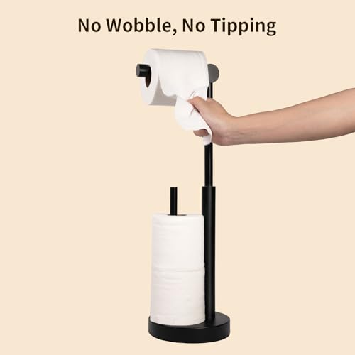 Toilet Paper Holder Stand with Storage & Weighted Base, Matte Black | Free Standing Stainless Steel Design with Open-Ring Arm for Easy Roll Replacement - color: Matte Black
