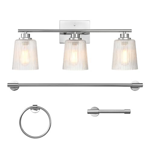 Globe Electric 4-Piece All-in-One Bathroom Set, Chrome Finish, 3-Light Vanity Light with Clear Ribbed Glass Shades, Towel Bar, Toilet Paper Holder, Towel Ring - color: Silver