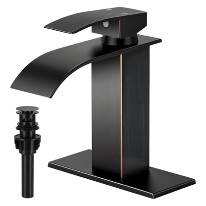 ORB Bathroom Faucets, Waterfall Bathroom Sink Faucet | Single Handle, Stainless Steel, Vanity Faucet with Deck Plate, Pop-up Drain, For 1 or 3 Hole, RV, Farmhouse - color: A-Oil Rubbed Bronze