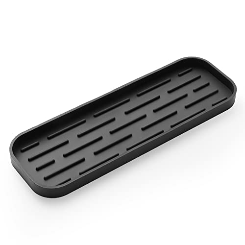 MicoYang Silicone Kitchen Sink Organizer Tray for Multiple Usage,Eco-Friendly Sponges Holder for Kitchen Bathroom Counter or Sink,Dish Soap Dispenser,Scrubber,Bottle,Cup (Black, 12"×4") - color: Black, size: 12" x 4" x 0.7"