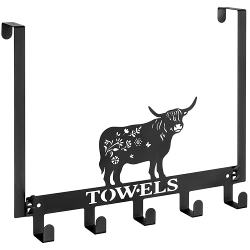 Highland Cow Over The Door Hooks Wall Mount Towel Rack Heavy Duty Hanging Towel Holder Metal Highland Cow Decor for Bathroom Bedroom Kitchen Storage Decorative - style: Highland cow