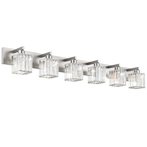 Aipsun Brushed Nickel Bathroom Light Fixtures 6 Light Vanity Lighting Fixture Crystal Modern Bathroom Vanity Light (Exclude Bulb) - color: Brushed Nickel, size: 49 inch