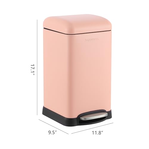 happimess Betty Retro Mini 3.2 Gal Step Trash Can, Flamingo Pink | Soft-Close Lid, Removable Liner, Iron, Hands-Free Pedal, Satin Finish, Non-Skid Base, Built-In Damper, Modern, Minimalistic - color: Flamingo Pink