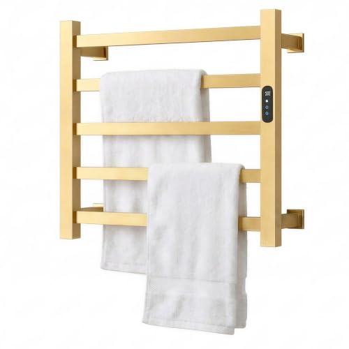 Luxury Gold Towel Warmer Rack for Bathroom, Wall Mounted Electric Heated Towel Rack with Timer & Fahrenheit Temperature Control, 5 Bar Stainless Steel Towel Heater for Bathroom(Brushed Gold) - size: 5 bar