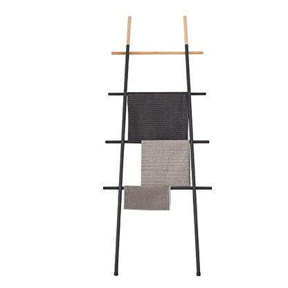 Freestanding Towel Ladder Rack, Space Saving, No-Scratch Wood, for Household Use (Black) - color: Black