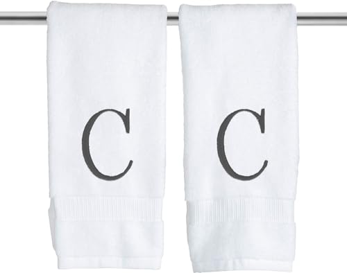 White with Dark Gray Monogrammed Hand Towels for Bathroom Set of 2 Letter C | Luxury Hotel Quality Initial Towels For Powder Room, Spa, GOTS Organic Certified - color: Dark Gray, size: Initial C