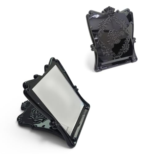Portable Folding Makeup Mirror with Black Rose Frame, Compact Travel Vanity Mirror, Decorative Tabletop Cosmetic Mirror