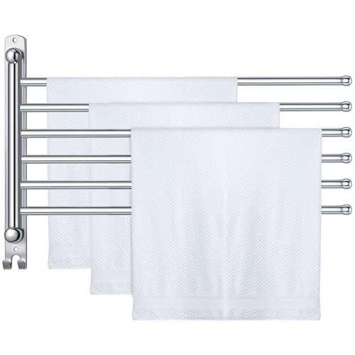 Teenyyou 20.4 Inches Swivel Towel Rack 304 Stainless Steel 6 Arms Bathroom Towel Rack Hanger Pool Holder Wall Mounted Swivel Bar Space Saving with Hook(Sliver) - color: Sliver, size: 20.4 Inches, style: 6 Arms