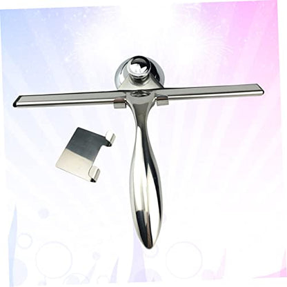 3Pcs Stainless Steel Shower Squeegee for Glass Mirror Bathroom | Suction Cup Mount, Hooks Holder, Rust-Proof Build, Weighted Handle, Space-Saving Storage Placement