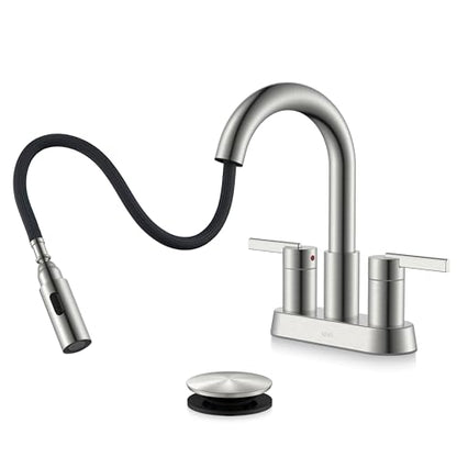 Brushed Nickel Pull Down Bathroom Faucet, 4 Inch 2 Handle Centerset | Pull Out Bathroom Faucet with Pop Up Drain & Supply Lines, Lead-Free cUPC & NSF Certified, 3 Hole Faucet for Vanity RV Bar - color: Brushed Nickel