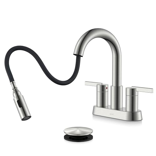 Brushed Nickel Pull Down Bathroom Faucet, 4 Inch 2 Handle Centerset | Pull Out Bathroom Faucet with Pop Up Drain & Supply Lines, Lead-Free cUPC & NSF Certified, 3 Hole Faucet for Vanity RV Bar - color: Brushed Nickel
