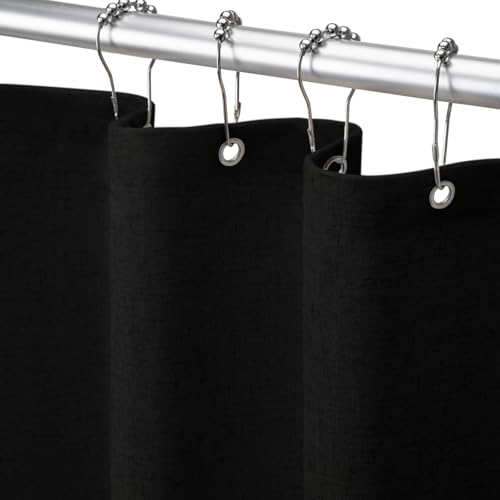 Linen Shower Curtain Black Boho Farmhouse 48" W x 72" L | Linen Fabric, Boho Farmhouse, Woven Texture, Natural Cloth, Elegant Drape, Washable, Shower Curtain for Bathroom Bathtub - color: Flax-black, size: 48"W x 72"L
