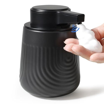 BosilunLife Ceramic Automatic Soap Dispenser with Extended Pump Nozzle, 3 Adjustable Levels, Touchless Foam Hand Wash Foaming Dispenser for Bathroom & Kitchen, Embossed Wave Design, Black, 10oz - color: Embossed Wave-black
