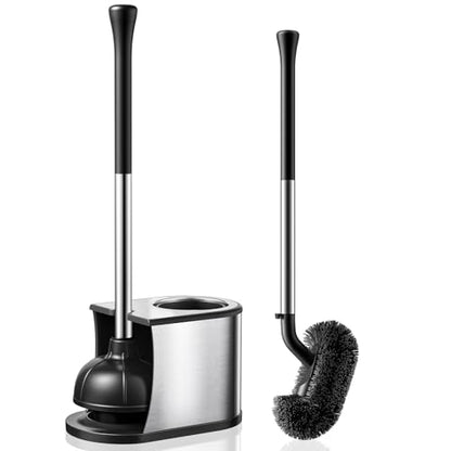 HAMITOR Toilet Plunger and Brush Set: 2 in 1 Stainless Steel Rustproof Combo with Deep Cleaning Curved Bristles - Heavy Duty Toilet Unclogging for Family Bathroom - Compact Apartment Accessories - color: Silver