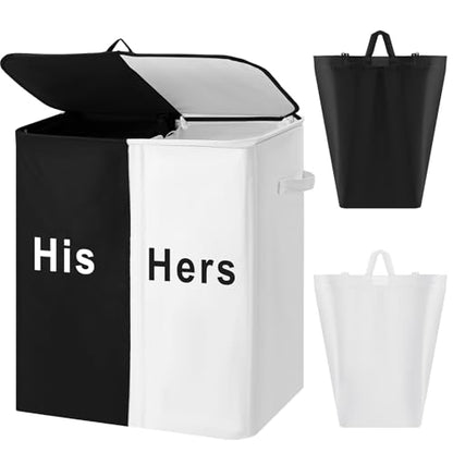DoubleFill 154L Large Double Laundry Hamper with Lid and Removable Bags Laundry Basket 2 Section Collapsible Dirty Clothes Hamper for Bathroom Bedroom for Husband&Wife Parents or Couple(His Hers) - style: His Hers