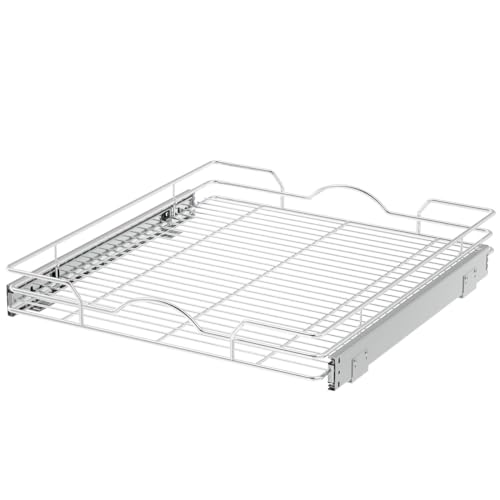 OCG Pull Out Cabinet Organizer 2 Pack (21" W x 21" D), Pull out Shelves 1 Tier, Cabinet Slide Out Shelves for Base Cabinet Organization in Kitchen Bathroom Pantry, Bottom Mount, Chrome Finish - size: 21W21D, 2Pack