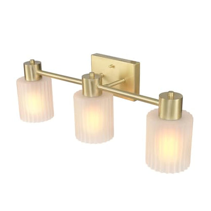 Globe Electric 3-Light Vanity Light, Matte Brass, Frosted Ribbed Glass Shades - color: Matte Brass, Frosted Ribbed Glass