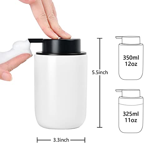 BosilunLife Foaming Soap Dispenser Set - White Ceramic Foam Hand Dispenser | 12oz Soap Dispenser Set with Rust Proof Pump, 4Pcs Clear Stickers for Kitchen, Bathroom - 2 Pack - color: White-foam Pump